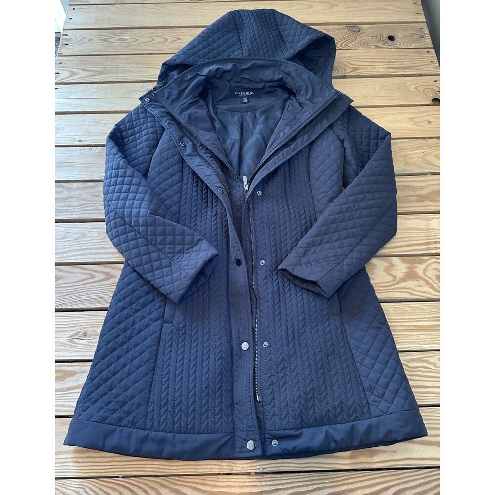 Liverpool Hooded Quilted Parka Coat Size Small Women’s Black Full Zip